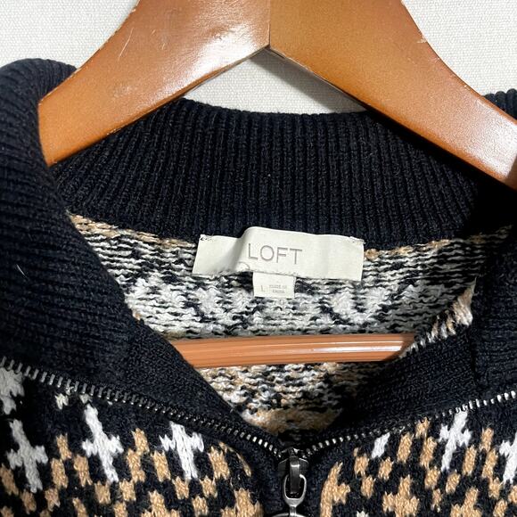 LOFT Fair Isle Half-Zip Sweater Black White Tan Knit -‎ Size L - Picture 4 of 7